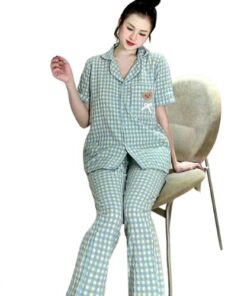 Đồ bộ pyjama nữ quần dài kẻ caro chất vải thô nhăn mềm nhẹ