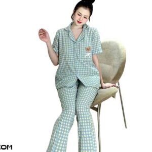 Đồ bộ pyjama nữ quần dài kẻ caro chất vải thô nhăn mềm nhẹ